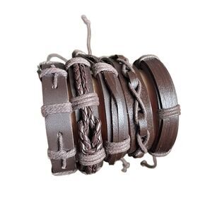 Bundle of Deep Chocolate Brown Faux Leather Adjustable Bracelet (Set of 5)